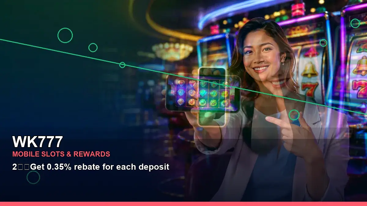 WK777 first casino deposit and wallet options featuring an adult Filipina casino host with a wide-action composition